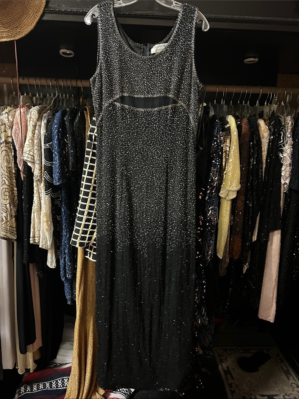 Papell Boutique Black Beaded Maxi Dress with Sheer Midriff - Picture 1 of 3